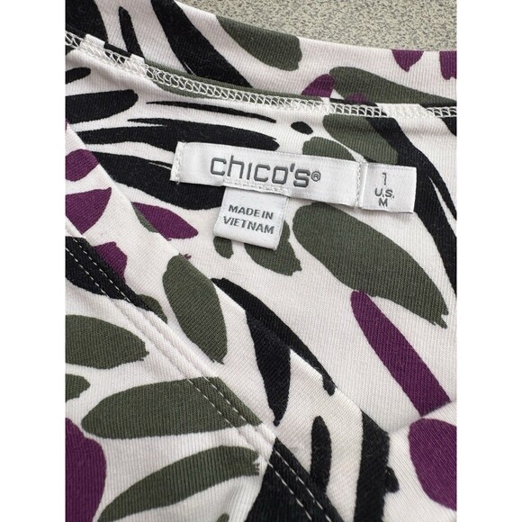 Chicos White Purple Olive Floral 3/4 Sleeve V-Neck Cotton Woman Sz 1 Medium Top - Picture 12 of 13